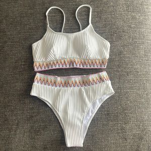 White High-Waisted Chevron V Swim Suit
